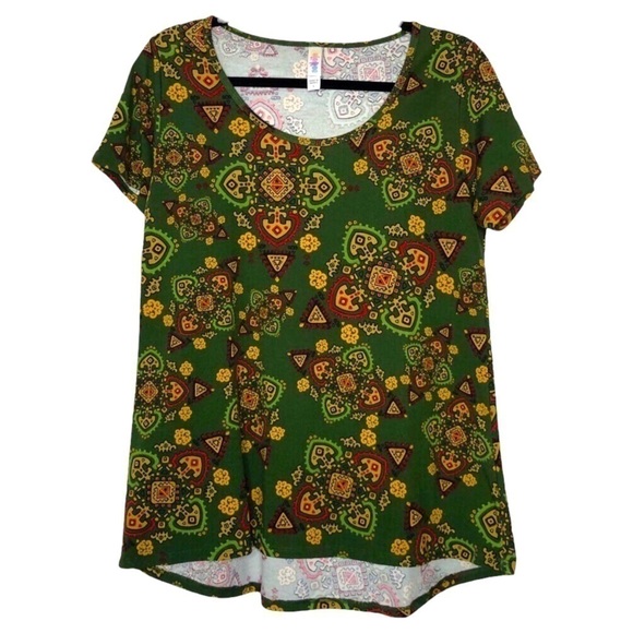 New - LULAROE Classic T Green, Yellow & Red olive green background - Size Small - Picture 1 of 5